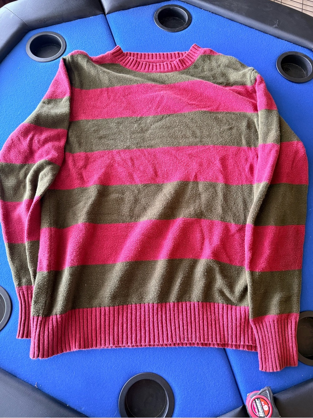 Freddy Krueger Men's Striped Crewneck Sweater - Pink & Olive